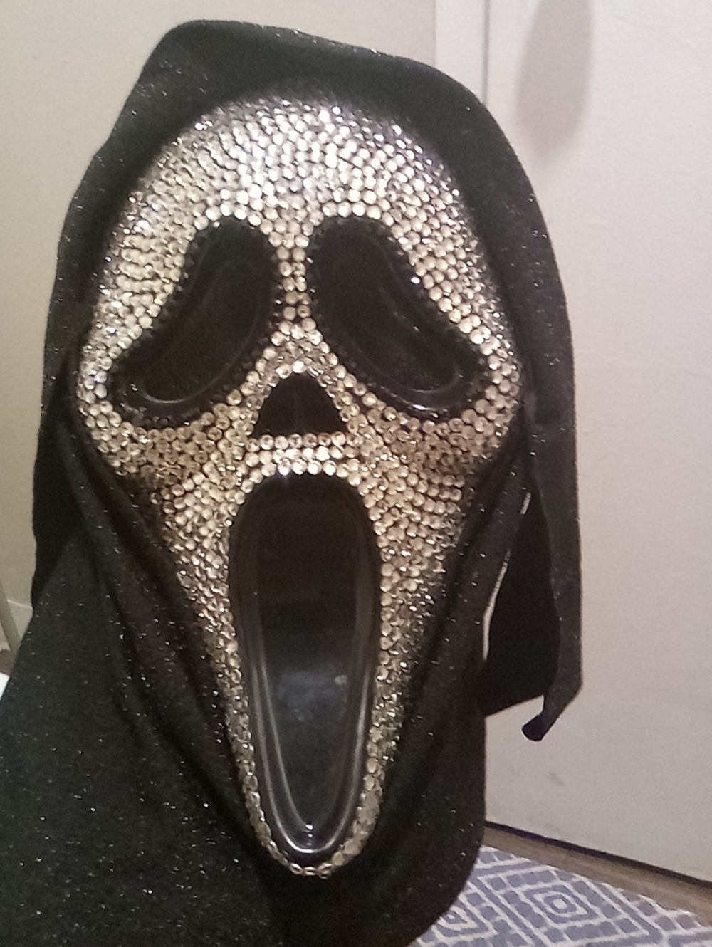 Glitter Scream Mask Costume Hood - Black with Silver Rhinestones